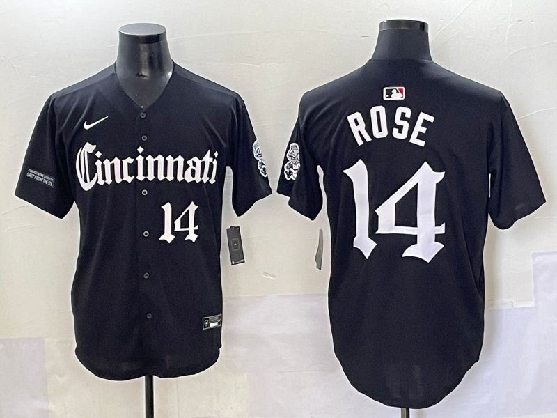 Men 2025 Cincinnati Reds #14 Rose Black Five generations Joint Name Nike MLB Jersey style 12